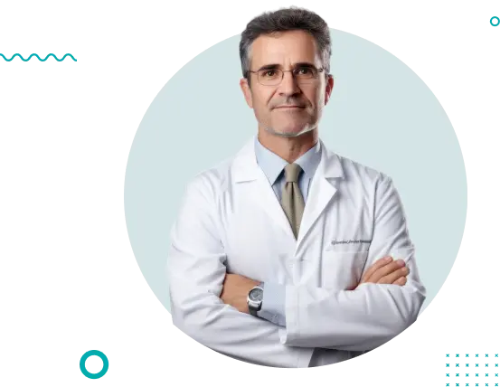 دکتری با موهای خاکستری، عینک زده و کت سفید آزمایشگاهی به همراه کراوات بسته است، دستهایش را روی هم گذاشته و حالتی حرفهای و اعتماد به نفس را منتشر میکند. | A doctor with gray hair, wearing glasses and a white lab coat with a tie, has his hands folded and exudes a professional and confident demeanor.